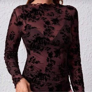 Wine and Black Floral Mesh Top